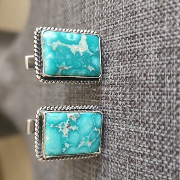 Rare NWOT Native American Handmade Whitewater Turquoise Men's Cufflinks 💙🖤🎁 - Picture 2 of 11